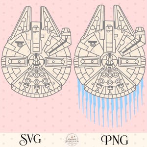 May include: Two line art illustrations of a circular spaceship with a cockpit and mechanical details. The left version is plain beige, while the right version features blue light streaks trailing from the bottom. Text reads SVG and PNG.