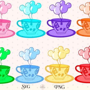 Puede incluir: Una colección de ocho tazas y platillos coloridos, cada uno con un diseño y esquema de color únicos. Cada taza tiene un par de globos con forma de Mickey Mouse flotando encima. El texto "SVG" y "PNG" está incluido.