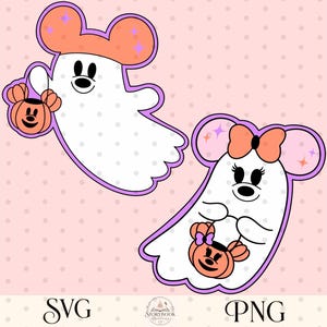 May include: Two white ghost illustrations with black outlines and purple borders. One ghost wears orange mouse ears and carries an orange pumpkin bucket. The other ghost wears an orange bow and mouse ears, carrying a pumpkin bucket with a purple bow.