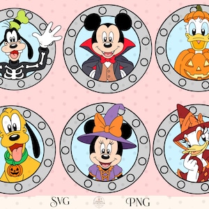 以下が含まれることがあります： ハロウィーンの衣装を着たディズニーキャラクターの6つの円形グラフィックイラスト。骸骨のグーフィー、吸血鬼のミッキー、カボチャに入ったドナルド、カボチャのタグをつけたプルート、魔女のミニー、魔女の帽子をかぶったデイジーが描かれています。