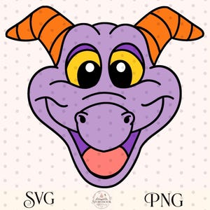 Op de afbeelding: Een cartoon illustratie van een paars drakengezicht met oranje hoorns, gele ogen en een glimlachende uitdrukking. De afbeelding bevat de tekst "SVG" en "PNG".