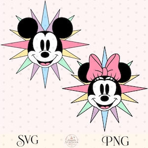 Könnte beinhalten: Zwei Cartoon-Gesichter, Mickey Mouse und Minnie Mouse, jeweils umgeben von einem farbenfrohen Sternenmuster. Mickey hat ein lächelndes Gesicht. Minnie hat eine rosa Schleife. Das Bild enthält den Text "SVG" und "PNG".
