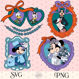 May include: A digital illustration featuring four framed Disney character portraits on a light pink polka dot background. The frames contain Donald and Daisy Duck, Goofy, Mickey Mouse, and Minnie Mouse. Text reads Welcome Foolish Mortals.