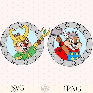 May include: Two cartoon chipmunks dressed as Marvel characters Loki and Thor, each framed in a gray circle. Loki is in green and gold, holding a staff. Thor is in red and blue, holding a hammer. The words "SVG" and "PNG" are below.