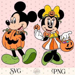 May include: A digital illustration of Mickey Mouse wearing a pumpkin costume and Minnie Mouse in a Halloween dress with a pumpkin bow, holding a small pumpkin and a jack-o'-lantern candy bucket. The text SVG and PNG appear at the bottom.