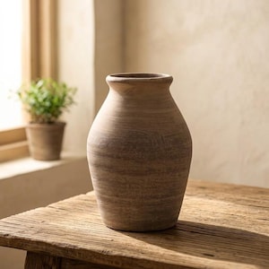May include: A medium-sized, rounded wooden vase with a wide body and a narrow, flared rim. The vase features a natural, light brown wood grain finish with visible horizontal textures and a matte appearance, showcasing a simple, functional form.