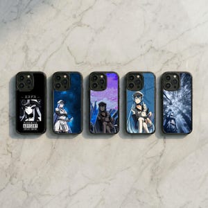 May include: Five smartphone cases featuring anime-style character illustrations. The first case is black with a white graphic and text reading "ESDES" and "PARENTAL ADVISORY." The other four cases display various scenes of a blue-haired character in different settings, including a starry sky, a purple landscape, a seated pose, and a forest view.
