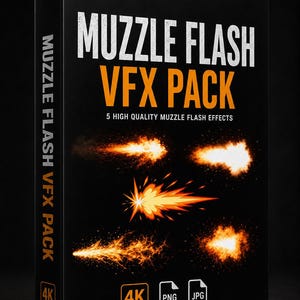 Könnte beinhalten: Eine schwarze Box mit dem Titel "MUZZLE FLASH VFX PACK" in Weiß und Orange. Die Box zeigt fünf hochwertige Mündungsfeuereffekte in Orange- und Gelbtönen. Sie enthält auch Symbole für "4K", "PNG" und "JPG" und gibt "4K RESOLUTION" an.