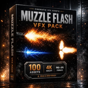 Könnte beinhalten: Eine schwarze Box mit der Aufschrift "MUZZLE FLASH VFX PACK" mit orangefarbenen und blauen Mündungsblitzen. Die Box enthält den Text "100 ASSETS", "4K QUALITY" und "PNG+JPG FORMATS". Die Worte "DRAG & DROP READY" sind ebenfalls sichtbar.