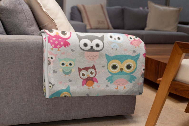 Owl Throw Blanket Gray With Cute Coloful Owls Home Decor Etsy