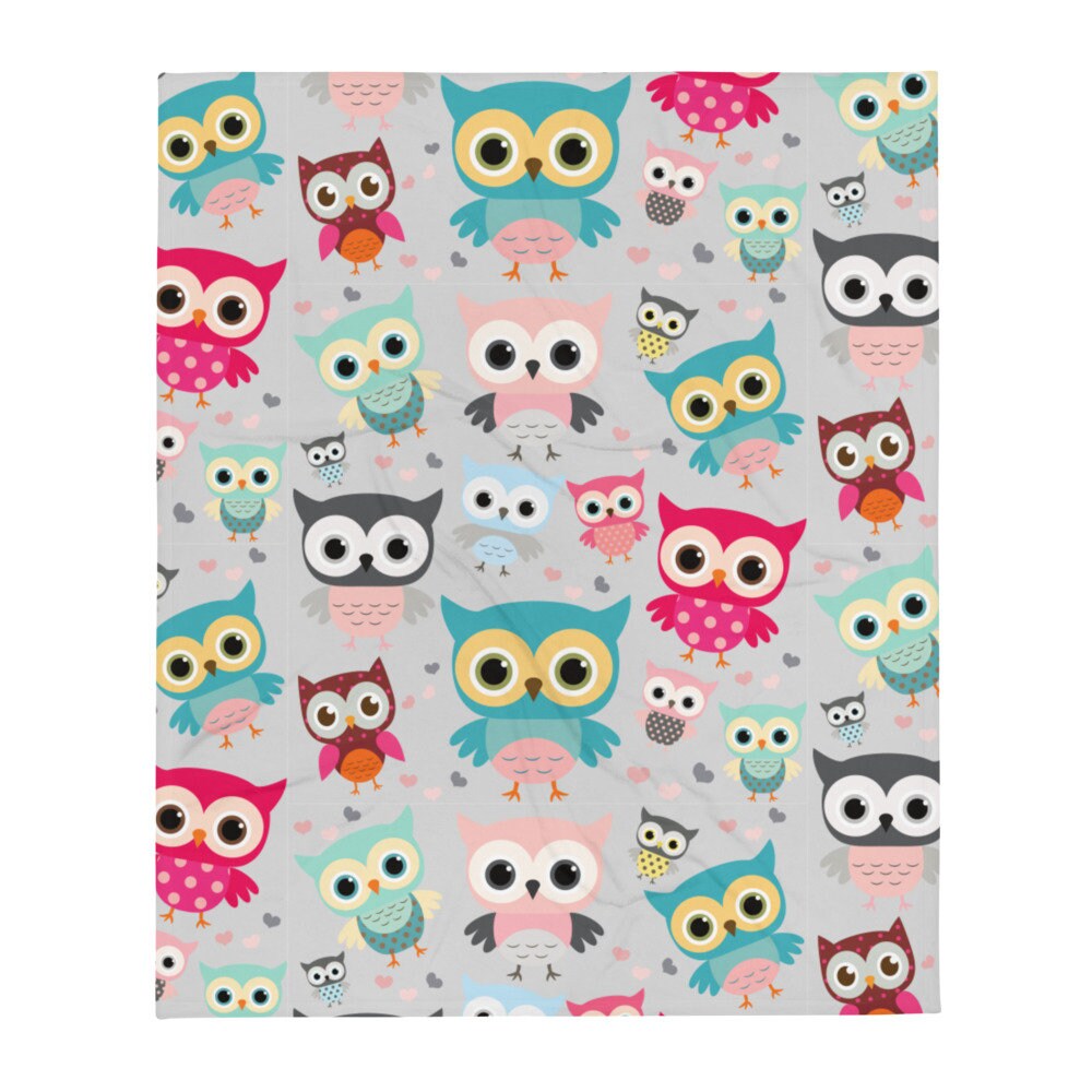 Owl Throw Blanket Gray With Cute Coloful Owls Home Decor Etsy