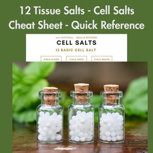 May include: Three small glass bottles with cork stoppers, each filled with white spherical pills. The bottles are arranged on a wooden surface. Text at the top reads "12 Tissue Salts - Cell Salts Cheat Sheet - Quick Reference".