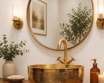 Handgemaakte wastafel van gehamerd messing – luxe gouden wasbak – wastafel in badkamer – ronde ambachtelijke messing kom