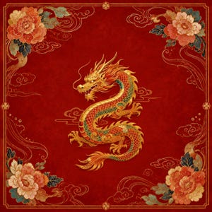 May include: A square red decorative print featuring a central golden dragon with green and orange scales. The corners are adorned with detailed illustrations of blooming orange and pink peonies surrounded by swirling cloud motifs and thin gold lines.