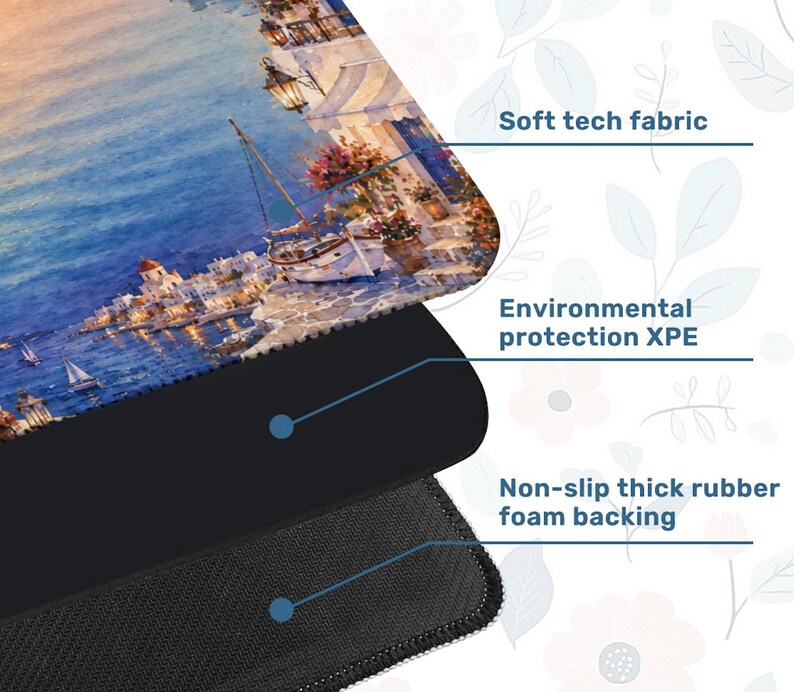K&ouml;nnte beinhalten: Mauspad mit einem K&uuml;sten-Aquarelldesign mit einem K&uuml;stendorf, Booten und blauem Wasser. Das Mauspad hat eine weiche Tech-Stoffoberfl&auml;che, Umweltschutz XPE und eine rutschfeste, dicke Schaumstoffr&uuml;cken.
