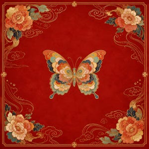 May include: A square red background featuring a central butterfly with intricate, multi-coloured wing patterns in shades of orange, blue, yellow, and cream. The corners are decorated with large, detailed floral motifs and swirling cloud designs.