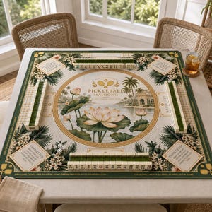 May include: A Pickleball Mahjong game set on a white table, surrounded by rattan chairs. The game board features a floral and landscape design with a central lotus flower and text. Dice and game tiles are visible.