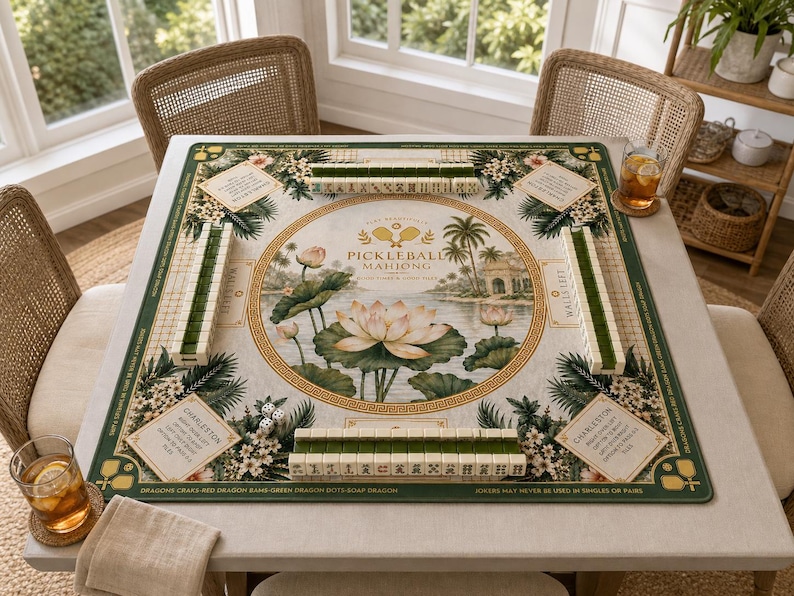 May include: A Pickleball Mahjong game set on a white table, surrounded by rattan chairs. The game board features a floral and landscape design with a central lotus flower and text. Dice and game tiles are visible.