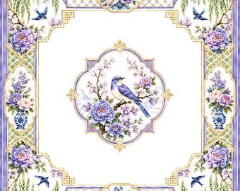 Lavender Bluejay Chinoiserie Mahjong Mat Watercolor