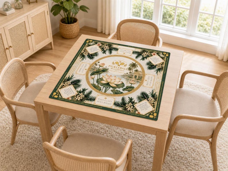 May include: A square, green-bordered game mat with a central floral design and the text "Pickleball Mahjong". The mat is set on a light wood table, surrounded by four chairs. The design includes a lotus flower and tropical imagery.