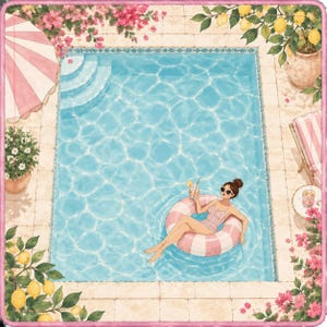 May include: An illustration of a swimming pool with a person floating on a pink and white striped inner tube while holding a drink. The pool area features a pink and white umbrella, potted lemon trees, pink flowers, and a lounge chair on tiles.