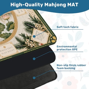 May include: A high-quality Mahjong mat with a floral and botanical design. The mat features a soft tech fabric, environmental protection XPE, and a non-slip thick rubber foam backing. The mat has text that reads "High-Quality Mahjong MAT".