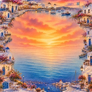 K&ouml;nnte beinhalten: Ein Aquarellgem&auml;lde einer K&uuml;stenstadt bei Sonnenuntergang. Wei&szlig;e Geb&auml;ude mit blauen T&uuml;ren und blumenreichen Balkonen umrahmen einen leuchtenden orange-blauen Himmel. Boote s&auml;umen das Wasser, und Windm&uuml;hlen sind in der Ferne zu sehen.