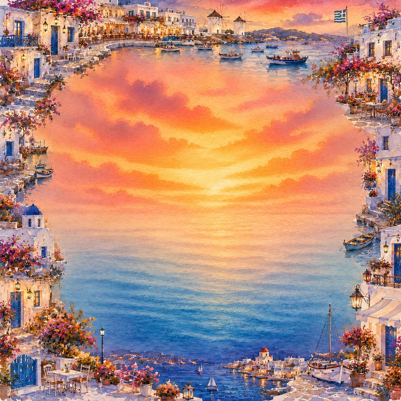 K&ouml;nnte beinhalten: Ein Aquarellgem&auml;lde einer K&uuml;stenstadt bei Sonnenuntergang. Wei&szlig;e Geb&auml;ude mit blauen T&uuml;ren und blumenreichen Balkonen umrahmen einen leuchtenden orange-blauen Himmel. Boote s&auml;umen das Wasser, und Windm&uuml;hlen sind in der Ferne zu sehen.