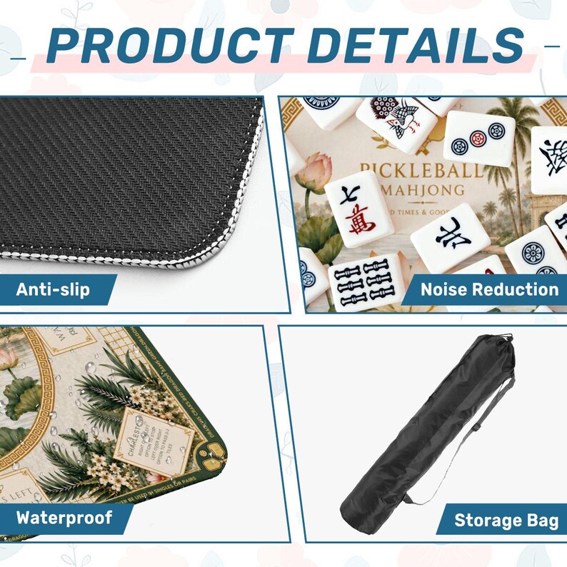May include: Product details image featuring a black anti-slip mat with white stitching, a set of Mahjong tiles, a waterproof mat with floral design, and a black storage bag. The image highlights features like noise reduction.