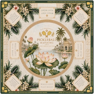 May include: Square decorative game mat featuring a watercolor design with a central image of a lake scene with a pavilion, palm trees, and lotus flowers. The words "Pickleball Mahjong" are displayed. The border includes floral and text elements.