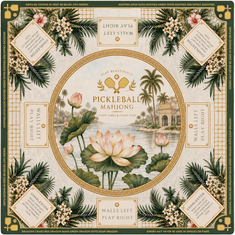 May include: Square decorative game mat featuring a watercolor design with a central image of a lake scene with a pavilion, palm trees, and lotus flowers. The words "Pickleball Mahjong" are displayed. The border includes floral and text elements.