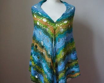 Handmade beautiful shawl in blue and green shades, woolly ombre shawl; ready to ship