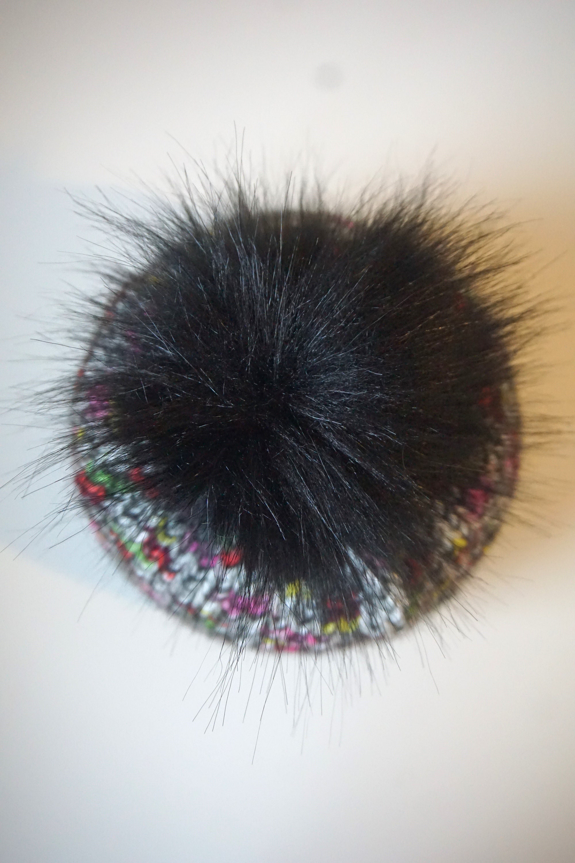 Black Beanie With genuine Mixed Colorful Pompom Color Block Beanie // Black, Fuchsia, Cream - Merino Wool  main image 3