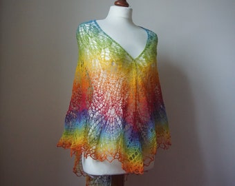 Colorful knitted shawl colourful shawl boho hippie shawl rainbow lgbt lace shawl ready to ship