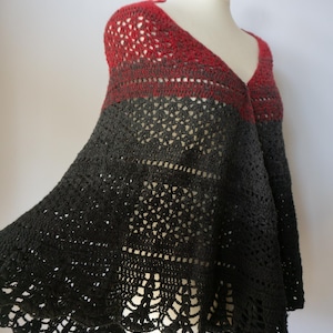 Handmade wonderful shawl in black, grey and red shades; merino shawl; woolen shawl; handmade knitted shawl; black shawl with red shades