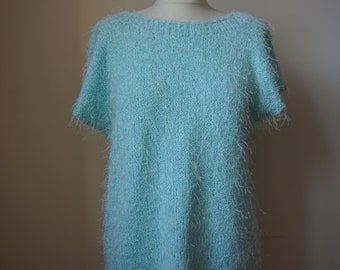 Light blue light turquoise blouse handmade knitted beautiful elegant hippie boho; ready to ship