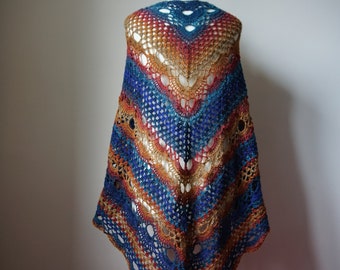 Handmade beautiful shawl in blue, brown and orange shades, ombre woolly shawl;  ready to ship