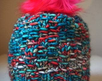 Turquoise pink and grey Hat with furry pink pom pom beanie with pom pom knit Hat Knitted  Winter Accessories Knitted hat