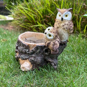 Vaso artesanal em resina em formato de tronco de árvore com animais, coruja, sapo e suculentas. Ideal para decoração rústica de jardim e quintal. Perfeito para plantas de interior.