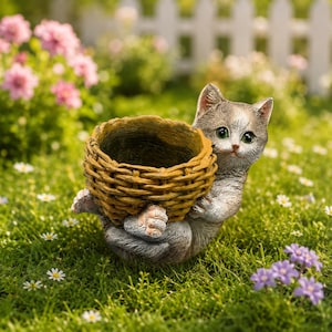 以下が含まれることがあります： 茶色の編みかごを持ったグレーと白の子猫の置物。子猫は大きな緑色の目を持ち、質感のあるかごに前足を巻き付けています。かごの中央は空洞になっており、小さな小物や植物を入れることができます。