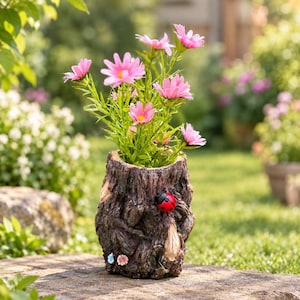 May include: A brown, textured tree stump planter featuring a small red and black ladybug figurine attached to the side, filled with a bouquet of vibrant pink cosmos flowers with yellow centers and green stems.