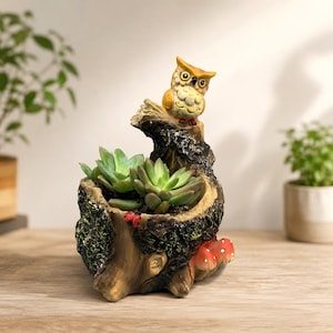 May include: A tree stump shaped planter featuring a textured brown and green bark finish, a small owl perched on top, a red ladybird on the rim, and two red mushrooms at the base, containing green succulent plants with thick, fleshy leaves.