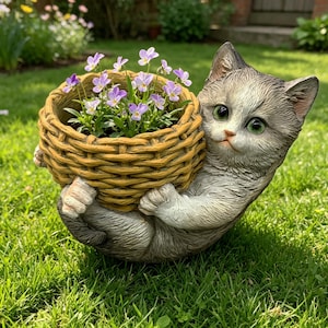 Puede incluir: Una maceta con forma de gato gris y blanco que sostiene una cesta tejida llena de flores moradas y amarillas. El gato tiene ojos verdes y está sobre hierba verde.