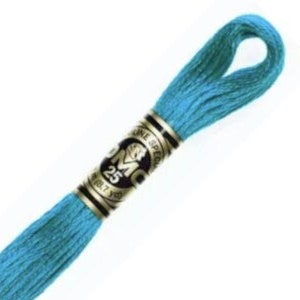 May include: A skein of DMC embroidery floss in colour 3844, a bright turquoise blue. The floss is wrapped around a white label with black text and a barcode.