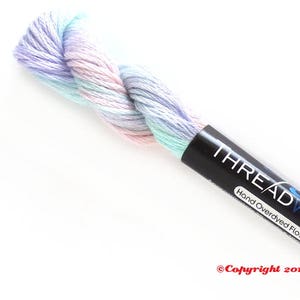 ThreadworX 10592 Variegated Rainbow Embroidery Floss Wildflowers thread has a gradient of pastel pink, orange, yellow, green, blue, and purple and is used for cross stitch, embroidery, needlepoint, making friendship bracelets, and other crafts.