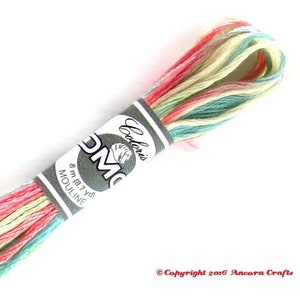 Peut inclure: Fils à broder DMC en écheveaux multicolores rose, vert, jaune et bleu. Le fil est enroulé autour d'une carte blanche avec du texte noir qui indique "DMC Coloris 8 m (187 yd) Mouline".