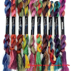 Puede incluir: Diez madejas de hilo para bordar en varios colores, incluyendo azul, verde, rojo, morado y amarillo. Cada madeja est&aacute; etiquetada con "THREADWORX" y tiene un borla en el extremo.