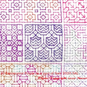 ThreadworX 1129 Variegated Embroidery Floss Merlot thread has a repeating gradient of dusky medium and dark purples and is shown here stitched in a geometric blackwork embroidery pattern created by Peppermint Purple.