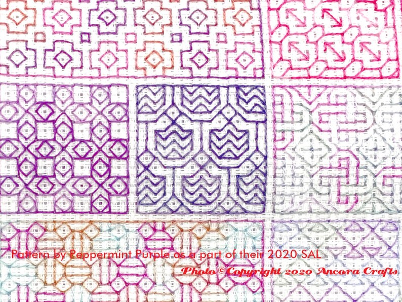 ThreadworX 1129 Variegated Embroidery Floss Merlot thread has a repeating gradient of dusky medium and dark purples and is shown here stitched in a geometric blackwork embroidery pattern created by Peppermint Purple.