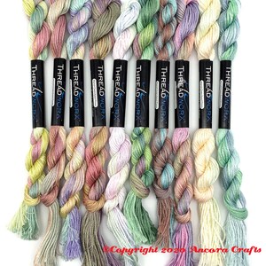 This spring collection of ten ThreadworX embroidery threads are pastel flosses in repeating gradients that span the color spectrum.  These are used for cross stitch, embroidery, needlepoint, making friendship bracelets, and other crafts.